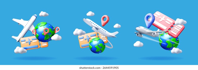 Set of 3d vector illustrations for travel and tourism concept. Airplanes with boarding pass and earth globe for vacation booking.