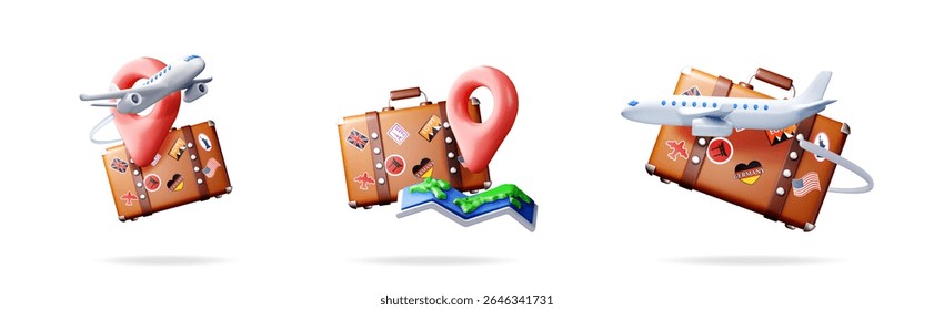 Set of 3d vector illustrations of travel suitcase with destination pin and airplane. Vacation journey concept for trip planning for travel agency social media.