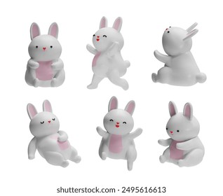 Un conjunto de Ilustraciones vectoriales 3d de un conejo blanco para el Festival de Pascua. Personajes de conejo realistas en varias poses: sentado, durmiendo, caminando y regocijándose.