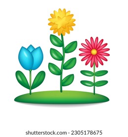 Set of 3d vector images of abstract flowers. Crimson, yellow, blue colors. Printing, flyers, postcards, websites