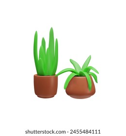 A set of 3D vector images of cacti in brown clay containers with images of aloe and haworthia. Floral arrangements created specifically for eco-friendly decor