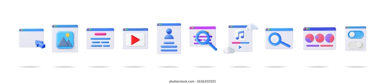 Set of 3d vector interface elements. User profile, search bar, text box, image, music player, empty window, video, toggle, and chart windows.