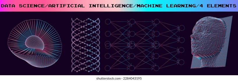 Set of 3d vector low poly elements for a AI and facial recognition subjects.