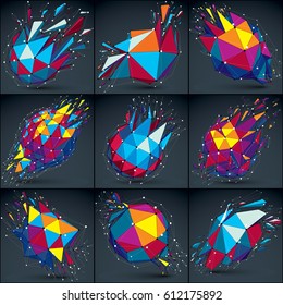 Conjunto de objetos 3d vectoriales de bajo nivel con líneas y puntos conectados en blanco. Formas dañadas con fragmentos triangulares en el marco de alambres colorido. La perspectiva del entramado destrozó la colección de formas, efecto de explosión.