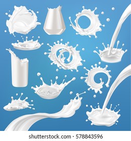 Set of 3D vector milk splash and pouring