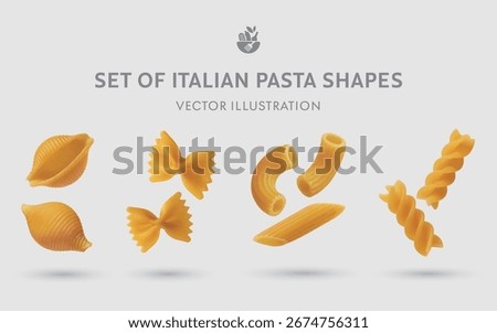 A Set of 3D Vector Pasta Shapes: Conchiglie, Farfalle, Macaroni, Penne, Fusilli