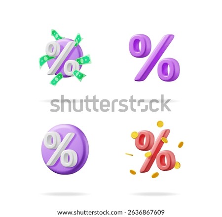 Set of 3d vector percentage signs. Discount offer symbol or interest rate icon collection. Promotion, sale, special offer design element with money.