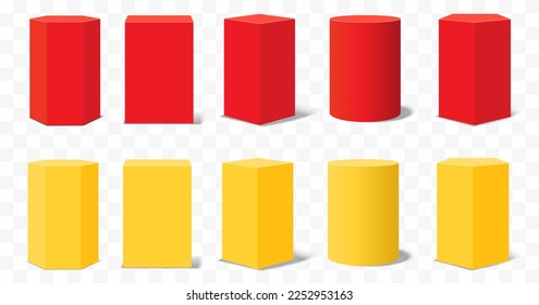 Set of 3d vector podium Pedestals geometric stages, exhibit displays award ceremony presentation product, Red and yellow vertical shapes hexagon, square, circle, pentagon, rectangle