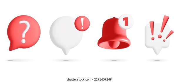 Set of 3d vector push notification with attention, question, reminder, exclamation marks design. Red speech bubble with question symbol. Reminder red bell notification with new message icon. 