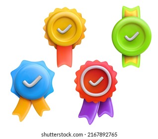 Set 3d vector realistic badge with check mark in minimal cartoon glossy style isolated on white background. Symbol template premium quality, winner, rating, quarantine. Collection winner award medal.