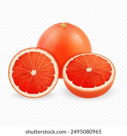 Set of 3d vector realistic vector grapefruit whole, piece and slice isolated on white background.