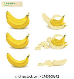 Set of 3d vector realistic illustration bananas. Banana, half peeled banana, bunch of bananas isolated on white background.