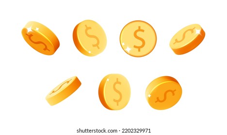 Set of 3d vector realistic render gold dollar coins in different positions isolated on white background.
Falling and flying money. Bingo jackpot, casino, poker, game, win, cash, treasure concept.