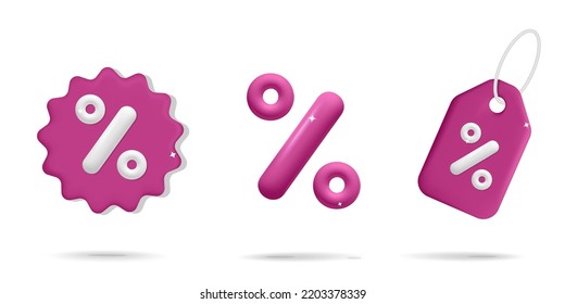  Set of 3d vector realistic render online shopping sale discount label design icon. Round star rounded shape, percent sign. Digital marketing, promo, advertisement, percentage financial symbol.