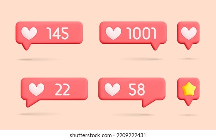 Set of 3d vector red social media like and follow bubble icon design. Cartoon render new like notification chat box isolated on background. Comment, approved, recommended concept.