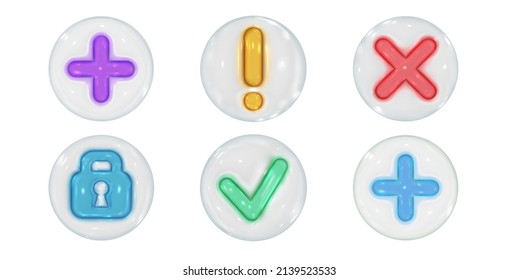 Set of 3d vector render icons. Checkmark, cross sign, lock and exclamation mark. Bright glossy glass design elements