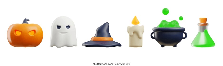 Set of 3d vector render objects of Halloween decoration, symbols. Realistic illustrations of white ghost with black eyes, witch black cap with orange belt, a pumpkin, a candle, a green potion in a pot