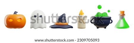 Set of 3d vector render objects of Halloween decoration, symbols. Realistic illustrations of white ghost with black eyes, witch black cap with orange belt, a pumpkin, a candle, a green potion in a pot