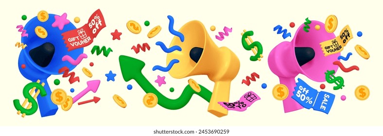 Set of 3D vector rendering elements for online sales and shopping. 3D coupon, megaphone speaker, confetti, arrow, coins.