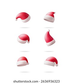 Set of 3d vector santa hat objects in various positions. Christmas and New Year holiday elements for festive design.