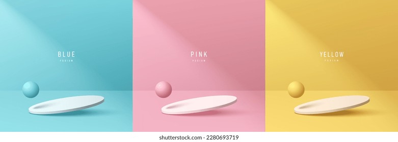 Set of 3D vector scene background with floating yellow, blue and pink pedestal podium. Bouncing sphere ball. Abstract minimal studio rooms. Mockup product display. geometric platforms. Stage showcase.