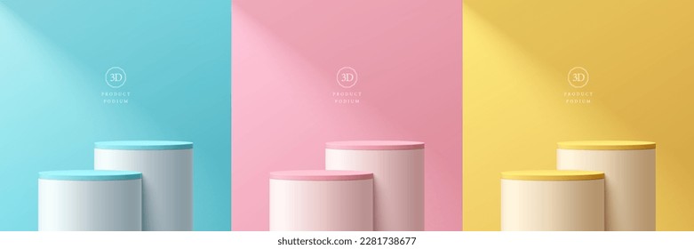 Set of 3D vector scene background with realistic yellow, blue, pink and white steps cylinder podium. Abstract minimal studio rooms. Mockup product display. Pastel geometric platforms. Stage showcase.