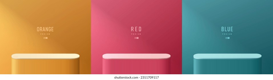 Set of 3D vector scene background with realistic orange yellow, blue and red pink round corner stand podium. Abstract minimal studio rooms. Mockup product display. Geometric platforms. Stage showcase.