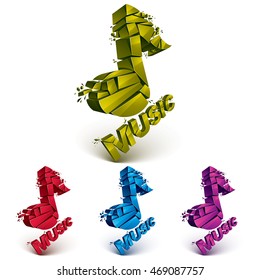 Set of 3d vector shattered musical notes with music word. Art melody transform symbols broken into pieces.