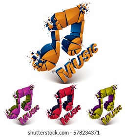 Set of 3d vector shattered musical notes with music word. Art melody transform symbols broken into pieces.