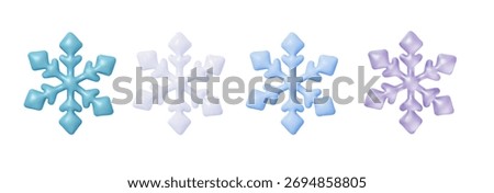 Set of 3D vector snowflakes — blue, white and purple ice crystals, winter decorations and design elements for Christmas background and festive illustration