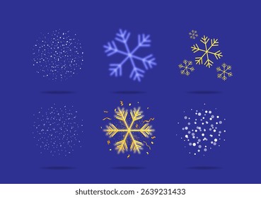 Set of 3d vector snowflakes and snow particles on blue background. Winter holiday design element for Christmas, New Year, festive celebration.