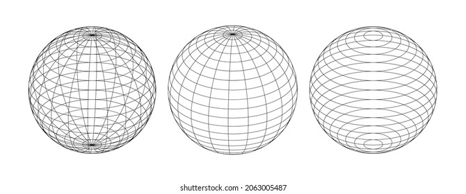 Conjunto de esferas vectoriales 3d de diferentes lados. Líneas horizontales y verticales, latitud y longitud