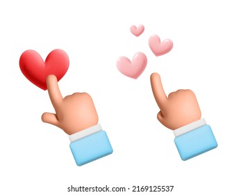 Set of 3d vector touch or click or pointing at pink and red hearts hands gesture design icon. High quality 3d business blue shirt hands gesture. Pointing finger up hand. 