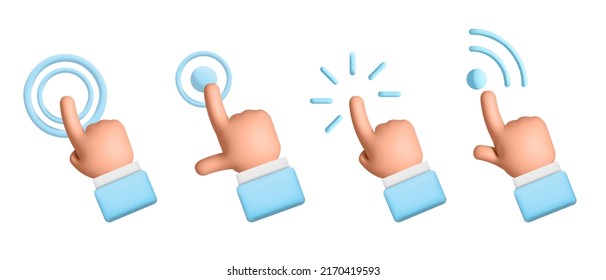 Set of 3d vector touch or click or pointing hands gesture design icon. High quality 3d business blue shirt hands gesture. Pointing finger up hand. 