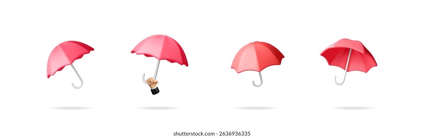 Set of 3d vector umbrella icons in different angles with a hand holding one, illustrating protection and insurance concept.