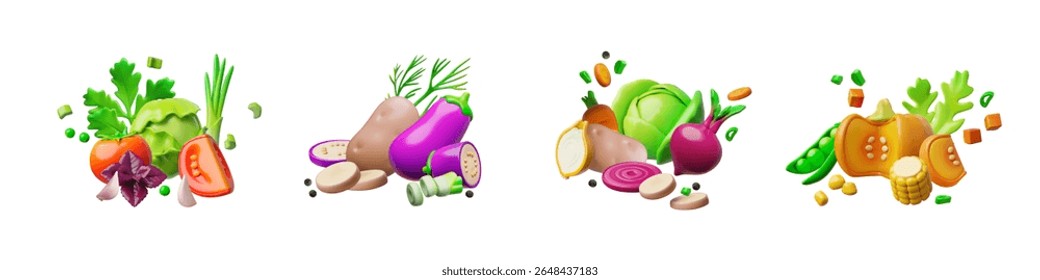 Conjunto de vegetais vetoriais 3D: repolho, berinjela, milho, batata, tomate, verdes, abóbora. O tema da alimentação saudável, dieta, vegetarianismo e produtos naturais. Colhe. Plano de fundo isolado. Para rótulos.