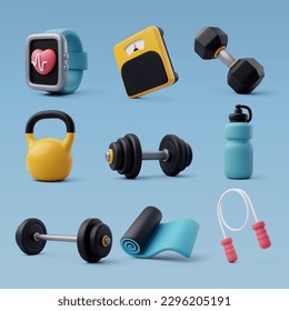 Set of 3d Vector of Workout gym tools, Sport equipment, Gym time concept. Eps 10 Vector.