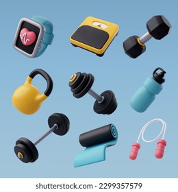 Set of 3d Vector of Workout gym tools, Sport equipment, Gym time concept. Eps 10 Vector.