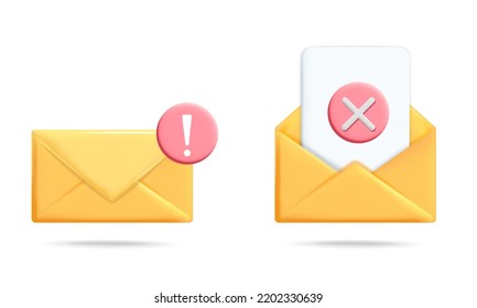 Conjunto de 3 d sobre de correo electrónico amarillo vectorial con advertencia de peligro y negación de la ilustración de iconos cancelados. Sobre con mensaje de alerta, marca transversal, cancelación, desaprobado.