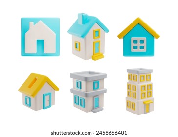 A set of 3D vectors depicting plastic houses, from fancy cottages to multi-storey office buildings, highlighted on a white background for real estate layouts