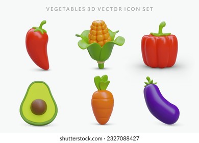 Set of 3D vegetable icons. Colored vector elements with shadows. Chili, corn, paprika, avocado, carrot, eggplant. Objects for illustrating educational apps, culinary sites, vegetarian resources