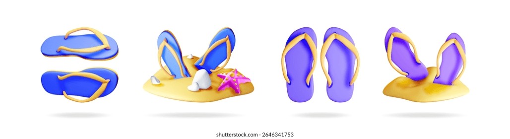 Set of 3d vibrant stylized flip flop sandals in various views, perfect for summer vacation and beach holiday concept.
