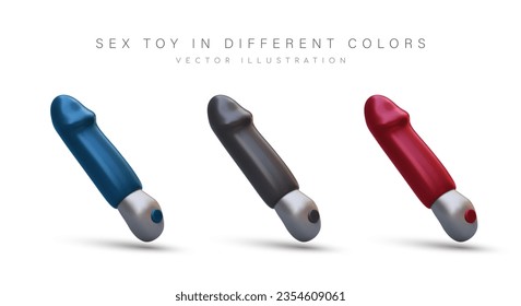 Set of 3D vibrators in metallic color. Realistic shape with head. Toys for self pleasure. Sex gadgets on batteries. Different modes of intensity and vibration