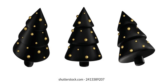 Set 3d violet Christmas tree . Glossy New year and xmas abstract tree shapes.