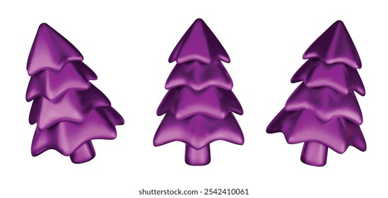 Set 3d violet Christmas tree . Glossy New year and xmas abstract tree shapes.