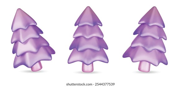 Set 3d violet Christmas tree . Glossy New year and xmas abstract tree shapes.