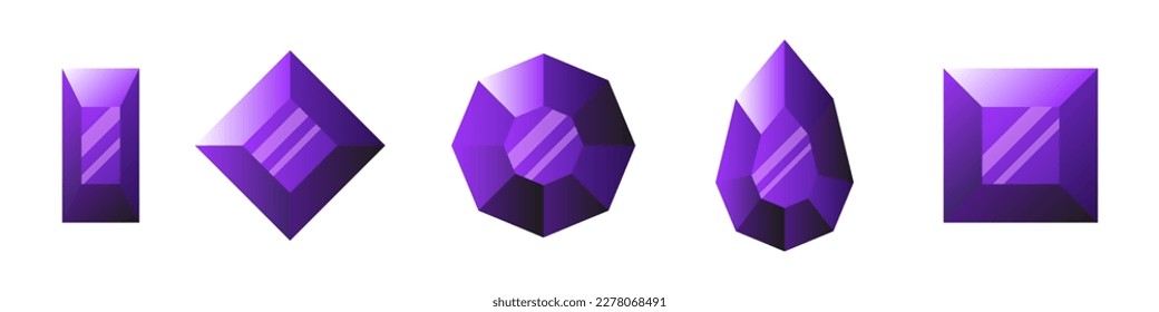 Conjunto de diamantes violeta 3D violeta. Ilustración vectorial aislada sobre fondo blanco.