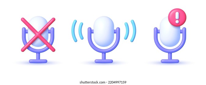 Set of 3d volume control icons. Volume, mute buttons and Alert message. Music symbol vector. Vector illustration