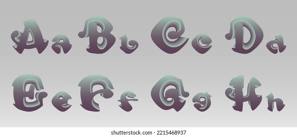 Set of 3D volumetric letters. Vector illustration of blue purple gradient big and small, lowercase and uppercase decorative A B C D E F G H letters isolated on white gray background. Alphabet design.