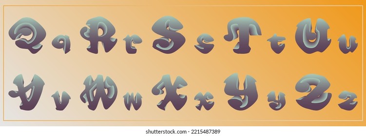 Satz von 3D-volumetrischen Buchstaben.Vektorgrafik von blauen violetten Farbverlauf groß und klein, Kleinbuchstaben und Großbuchstaben dekorative Q R S T U V W X Z Buchstaben einzeln auf orangefarbenem Weiß. Alphabet-Design.